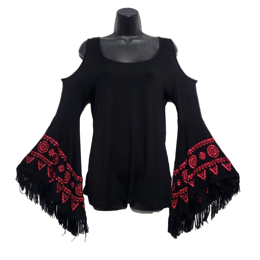 Whimsigoth Embroidered Fringe Bell Sleeve Top L Black Altar'd State Boho Hippie